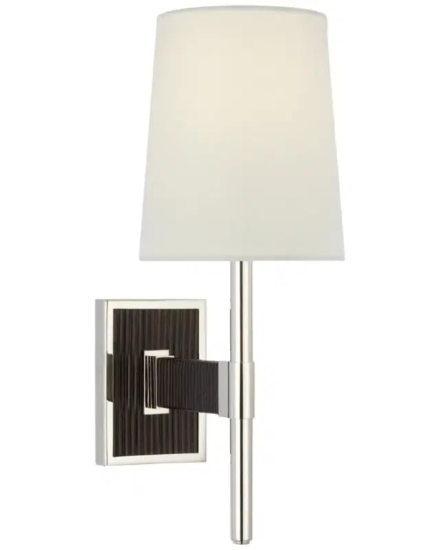 Visual Comfort Signature Elle Small Single Sconce In Polished Nickel And Black Rattan With Linen Shade By Suzanne Kasler