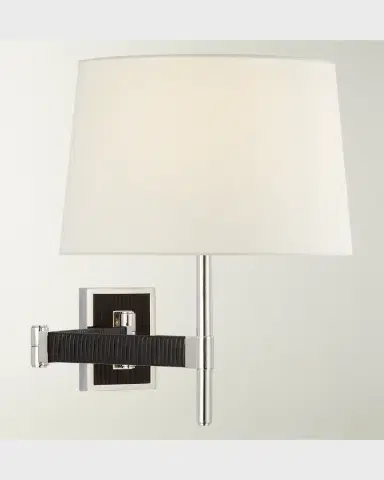 Visual Comfort Signature Elle Swing Arm Sconce In Polished Nickel And Black Rattan With Linen Shade By Suzanne Kasler | Thumbnail 2