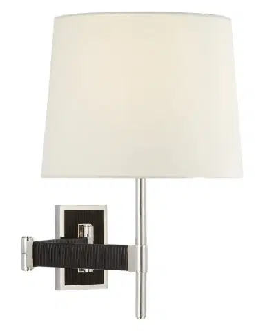 Visual Comfort Signature Elle Swing Arm Sconce In Polished Nickel And Black Rattan With Linen Shade By Suzanne Kasler | Thumbnail 1