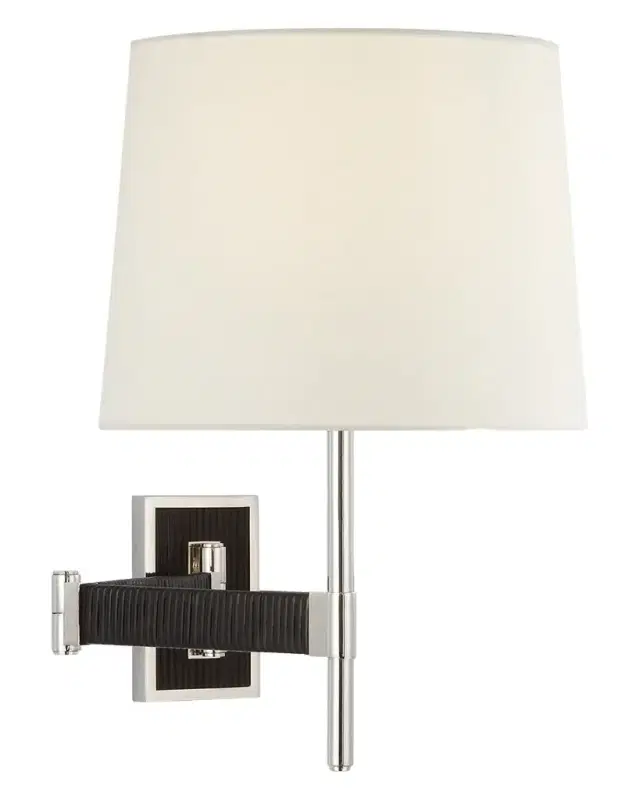 Visual Comfort Signature Elle Swing Arm Sconce In Polished Nickel And Black Rattan With Linen Shade By Suzanne Kasler
