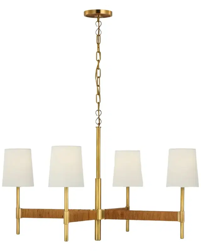 Visual Comfort Signature Elle Large Chandelier In Hand-Rubbed Antique Brass And Dark Rattan With Linen Shades By Suzanne Kasler