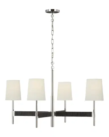 Visual Comfort Signature Elle Large Chandelier In Polished Nickel And Black Rattan With Linen Shades By Suzanne Kasler | Thumbnail 1