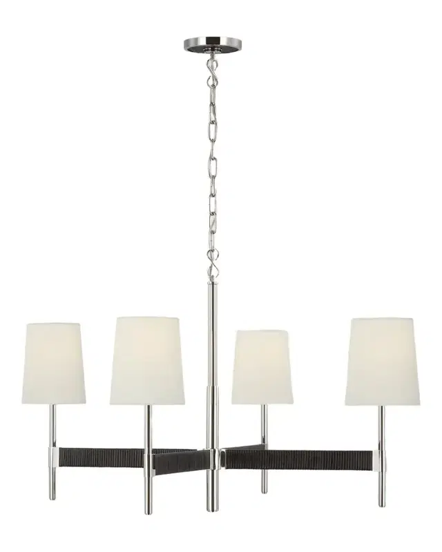 Visual Comfort Signature Elle Large Chandelier In Polished Nickel And Black Rattan With Linen Shades By Suzanne Kasler