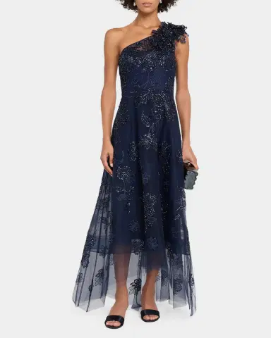 Rickie Freeman for Teri Jon Floral Beaded One-Shoulder Tulle Gown | Thumbnail 2