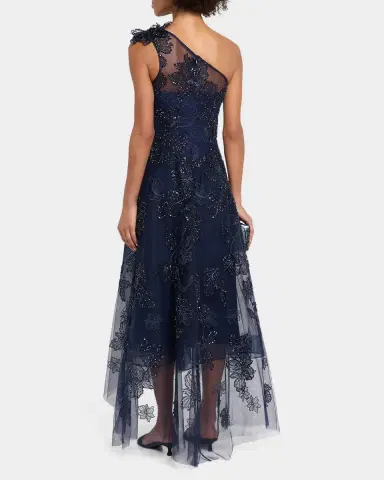 Rickie Freeman for Teri Jon Floral Beaded One-Shoulder Tulle Gown | Thumbnail 3