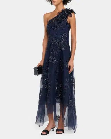 Rickie Freeman for Teri Jon Floral Beaded One-Shoulder Tulle Gown | Thumbnail 4