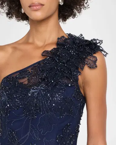 Rickie Freeman for Teri Jon Floral Beaded One-Shoulder Tulle Gown | Thumbnail 5