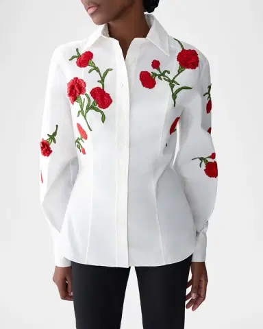 Carolina Herrera Isabela Carnation Embroidered Button-Down Top | Thumbnail 3