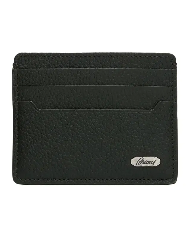 Brioni Men 's Hammered Metal Plaque Card Holder in Grained Leather