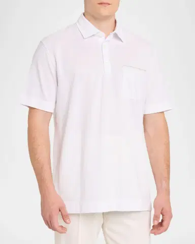 Zegna Men's Cotton Pique Leather-Trim Pocket Polo Shirt | Thumbnail 4 Zegna Men's Cotton Pique Leather-Trim Pocket Polo Shirt | Thumbnail 4