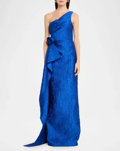 Rickie Freeman for Teri Jon Draped One-Shoulder Jacquard Column Gown | Thumbnail 2 Rickie Freeman for Teri Jon Draped One-Shoulder Jacquard Column Gown | Thumbnail 2