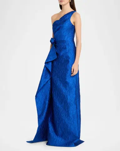 Rickie Freeman for Teri Jon Draped One-Shoulder Jacquard Column Gown | Thumbnail 4 Rickie Freeman for Teri Jon Draped One-Shoulder Jacquard Column Gown | Thumbnail 4