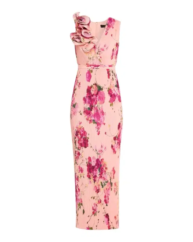 Pleated Floral-Print Crepe De Chine Gown