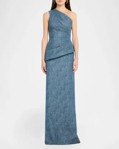 Rickie Freeman for Teri Jon One-Shoulder Metallic Jacquard Peplum Gown | Thumbnail 2 Rickie Freeman for Teri Jon One-Shoulder Metallic Jacquard Peplum Gown | Thumbnail 2