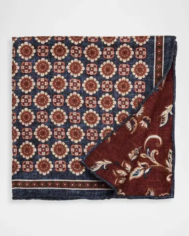 Kiton Men's Reversible Printed Silk Pocket Square | Thumbnail 2 Kiton Men's Reversible Printed Silk Pocket Square | Thumbnail 2