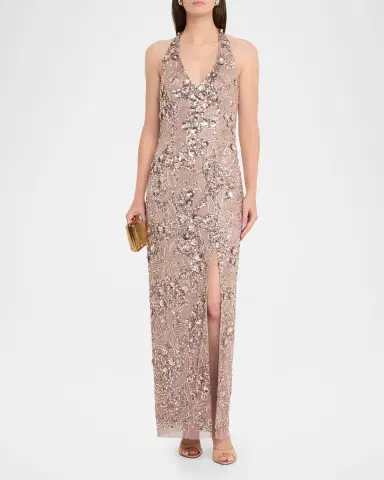 Aidan Mattox Floral Bead and Sequin Halter Column Gown | Thumbnail 2 Aidan Mattox Floral Bead and Sequin Halter Column Gown | Thumbnail 2