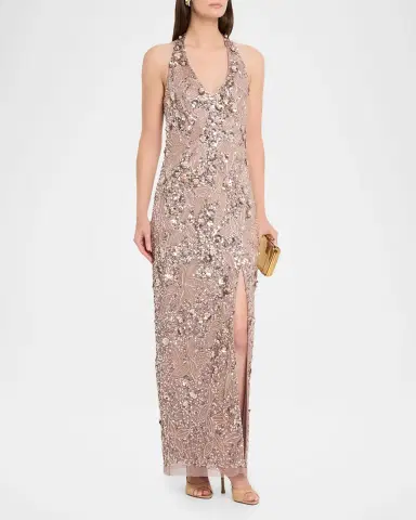 Aidan Mattox Floral Bead and Sequin Halter Column Gown | Thumbnail 4 Aidan Mattox Floral Bead and Sequin Halter Column Gown | Thumbnail 4