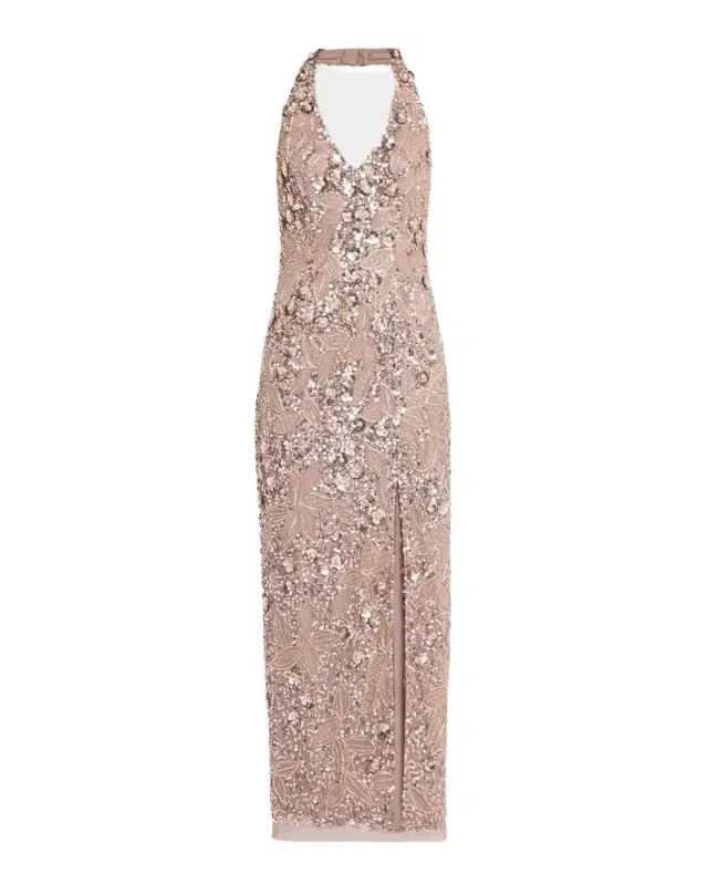 Floral Bead and Sequin Halter Column Gown