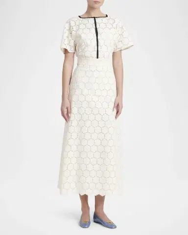 Valentino Garavani Broderie Anglaise Short-Sleeve Midi Dress | Thumbnail 3 Valentino Garavani Broderie Anglaise Short-Sleeve Midi Dress | Thumbnail 3