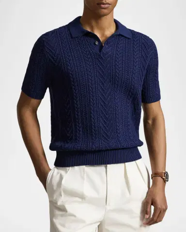 Polo Ralph Lauren en's Cotton Aran Knit Short-Sleeve Polo Sweater | Thumbnail 4