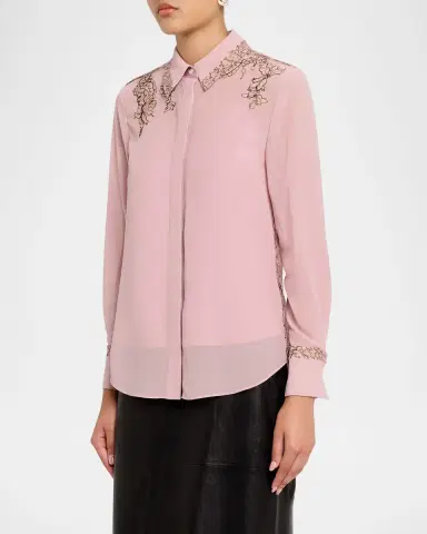 Jason Wu Collection Lace-Inset Crepe Chiffon Button-Down Shirt | Thumbnail 4