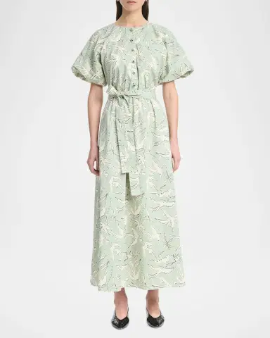 Altuzarra Paulina Dove-Print Cotton Puff-Sleeve Belted Midi Dress | Thumbnail 3