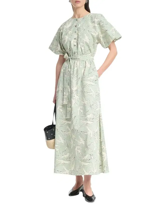 Altuzarra Paulina Dove-Print Cotton Puff-Sleeve Belted Midi Dress