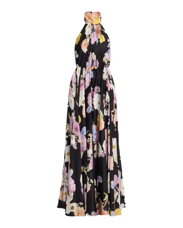 Eli Floral-Print Satin Halter Gown