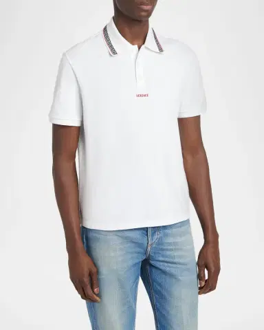 Versace Men's Logo Embroidered Cotton Pique Polo Shirt | Thumbnail 3