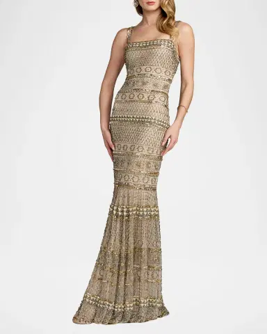 Mac Duggal Geometric Beaded Mesh Trumpet Gown | Thumbnail 2
