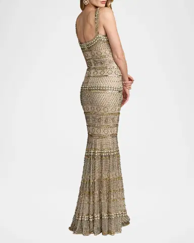 Mac Duggal Geometric Beaded Mesh Trumpet Gown | Thumbnail 3