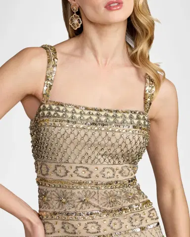 Mac Duggal Geometric Beaded Mesh Trumpet Gown | Thumbnail 4