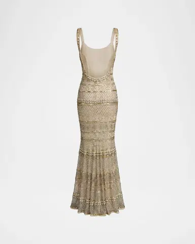 Mac Duggal Geometric Beaded Mesh Trumpet Gown | Thumbnail 6