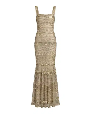 Mac Duggal Geometric Beaded Mesh Trumpet Gown | Thumbnail 1
