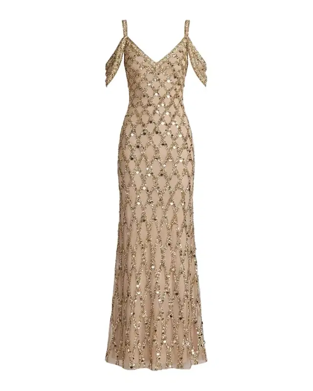 Geometric Sequinned Tulle Column Gown