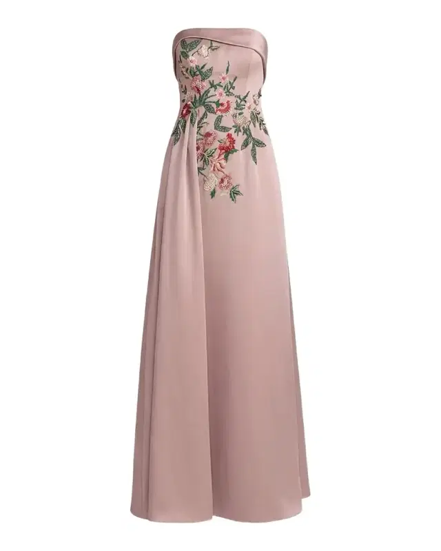 Floral Beaded Satin Strapless Gown