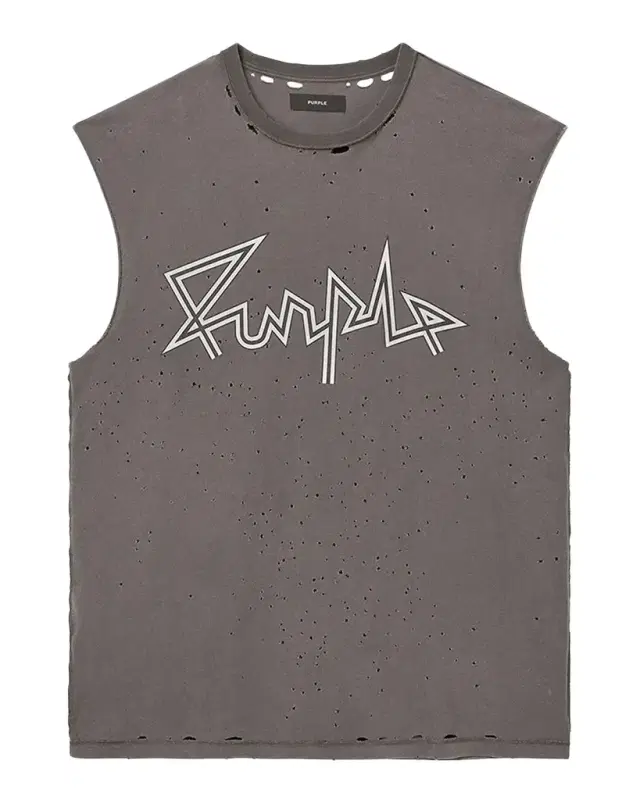 PURPLE Men 's Distressed Cotton Sleeveless Logo T-Shirt