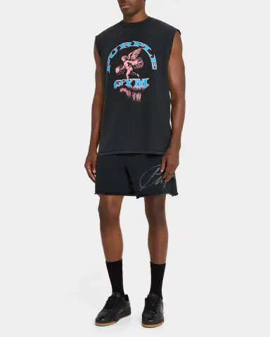 PURPLE Men's Distressed Cotton Gym Logo Sleeveless T-Shirt | Thumbnail 2 PURPLE Men's Distressed Cotton Gym Logo Sleeveless T-Shirt | Thumbnail 2