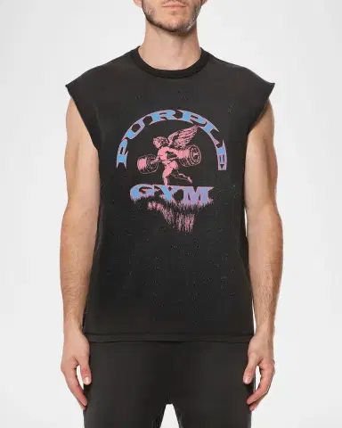 PURPLE Men's Distressed Cotton Gym Logo Sleeveless T-Shirt | Thumbnail 4 PURPLE Men's Distressed Cotton Gym Logo Sleeveless T-Shirt | Thumbnail 4