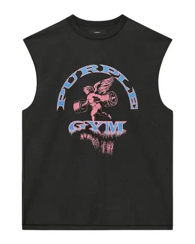PURPLE Men's Distressed Cotton Gym Logo Sleeveless T-Shirt | Thumbnail 1 PURPLE Men's Distressed Cotton Gym Logo Sleeveless T-Shirt | Thumbnail 1