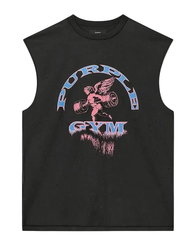 PURPLE Men 's Distressed Cotton Gym Logo Sleeveless T-Shirt