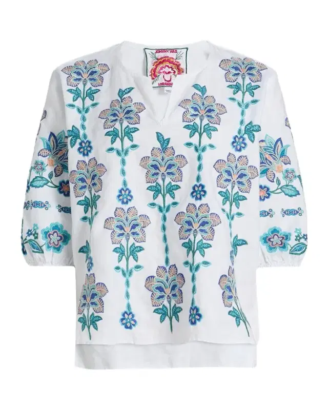 Floral-Embroidered Linen Blouse
