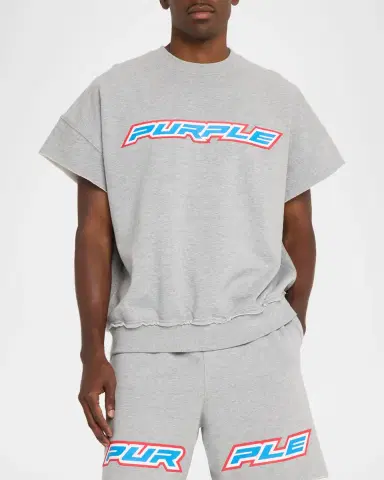 PURPLE Men's Cut-Off Cotton Logo Dropped Shoulder T-Shirt | Thumbnail 4