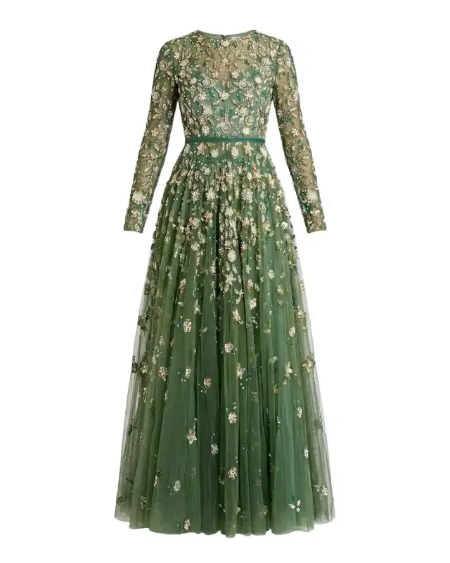 Mac Duggal Petite Long-Sleeve Tulle Fit-and-Flare Gown