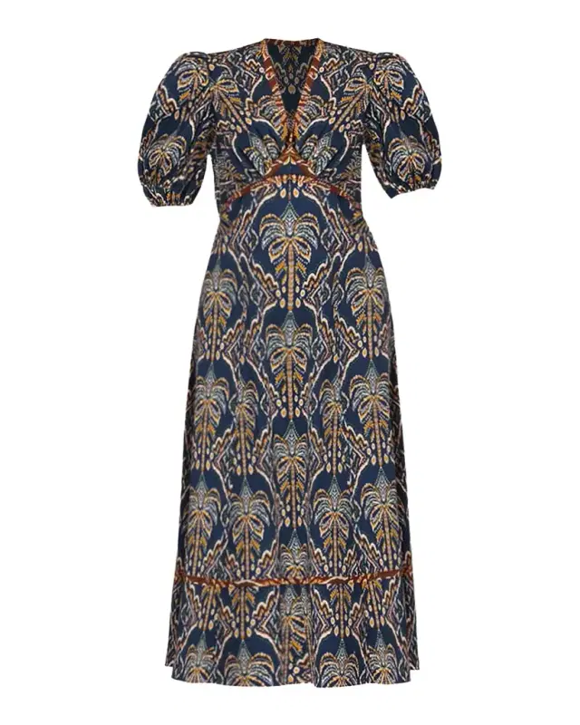Shoshanna Gemma Abstract-Print Empire Midi Dress