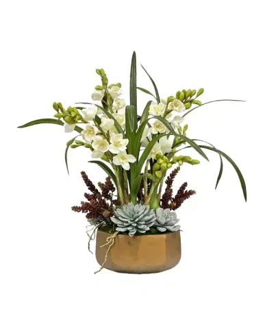 Winward Home Orchid and Succulent 25" Faux Floral Arrangement in Golden Pot | Thumbnail 1 Winward Home Orchid and Succulent 25" Faux Floral Arrangement in Golden Pot | Thumbnail 1