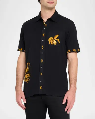 Robert Graham Men's Golden Jungle Motif Cotton Short-Sleeve Shirt | Thumbnail 4 Robert Graham Men's Golden Jungle Motif Cotton Short-Sleeve Shirt | Thumbnail 4
