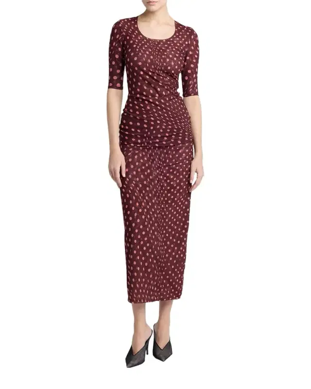 Stella McCartney Polka Dot Mesh Ruched Midi Skirt