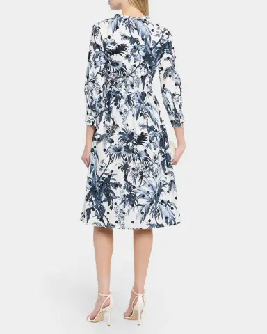 Oscar de la Renta 3/4-Sleeve Dotted Palm Print Poplin Midi Shirtdress | Thumbnail 2