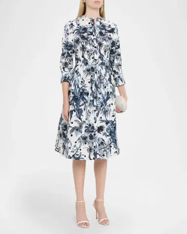 Oscar de la Renta 3/4-Sleeve Dotted Palm Print Poplin Midi Shirtdress | Thumbnail 3